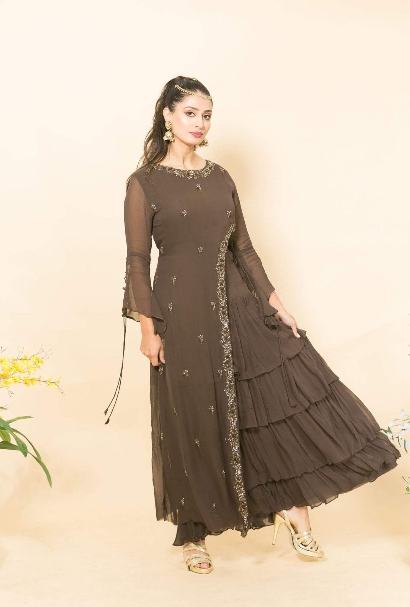 Brown Designer Layered Dress with Sequin and Embroidery Work - Anvi Couture