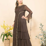 Brown Designer Layered Dress with Sequin and Embroidery Work - Anvi Couture