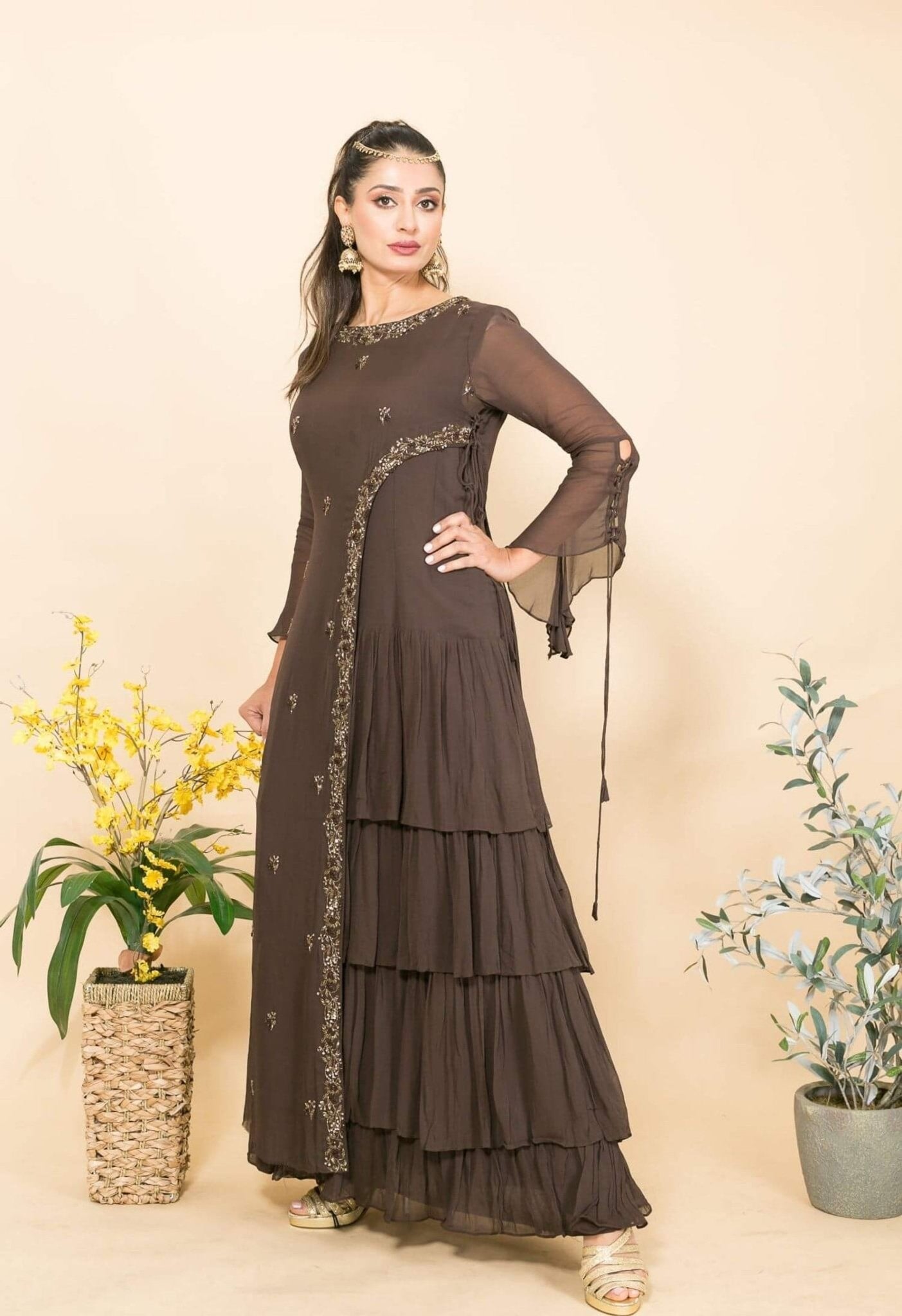 Brown Designer Layered Dress with Sequin and Embroidery Work - Anvi Couture