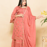 Silk Sharara Set in Peach Color with Embroidery Work - Anvi Couture