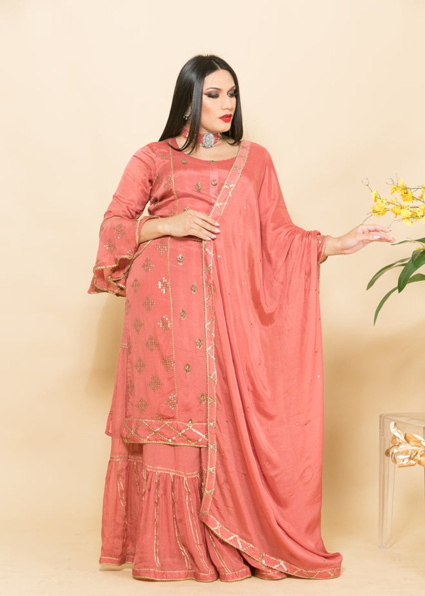 Silk Sharara Set in Peach Color with Embroidery Work - Anvi Couture