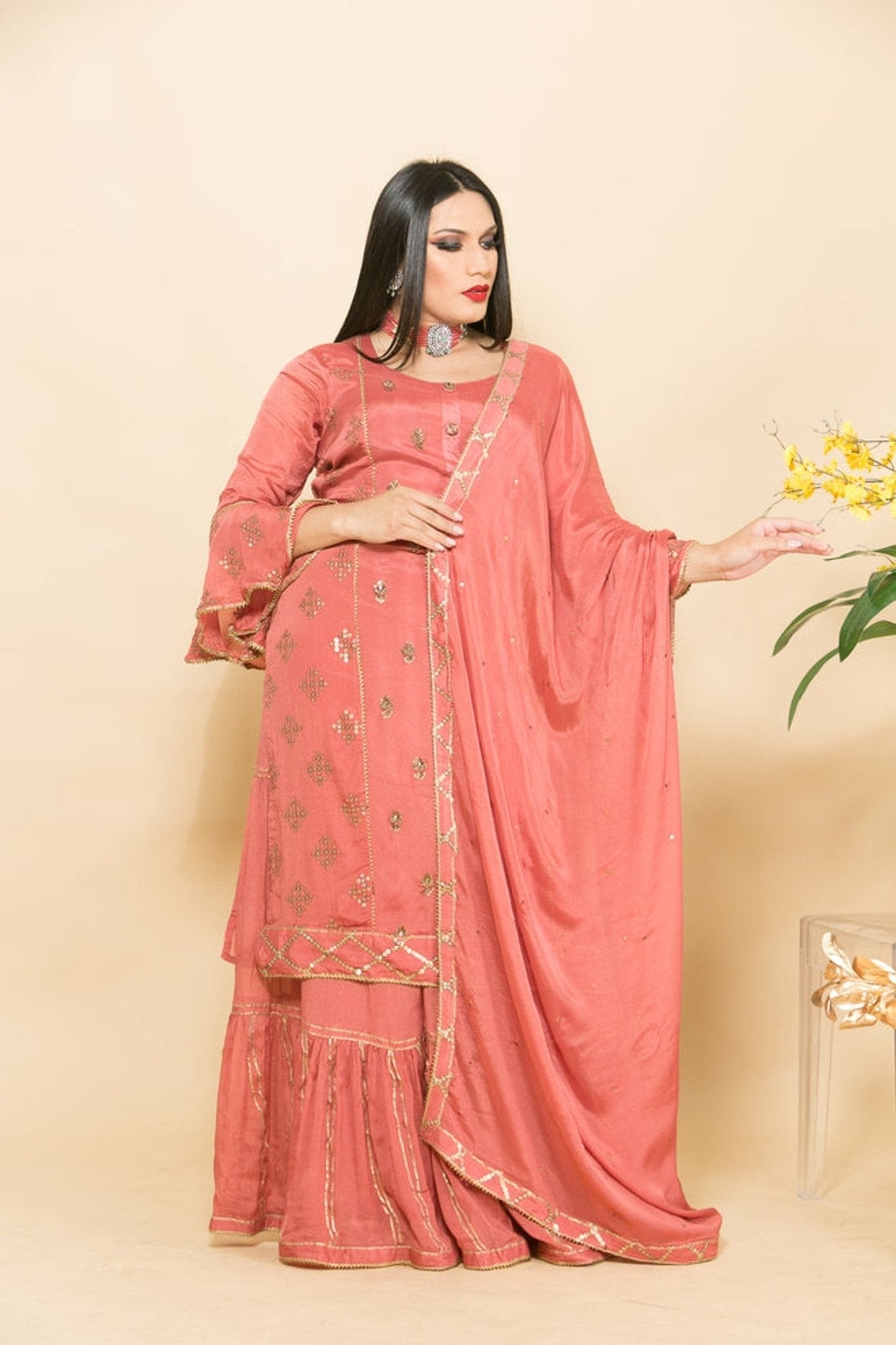 Silk Sharara Set in Peach Color with Embroidery Work - Anvi Couture