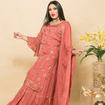 Silk Sharara Set in Peach Color with Embroidery Work - Anvi Couture