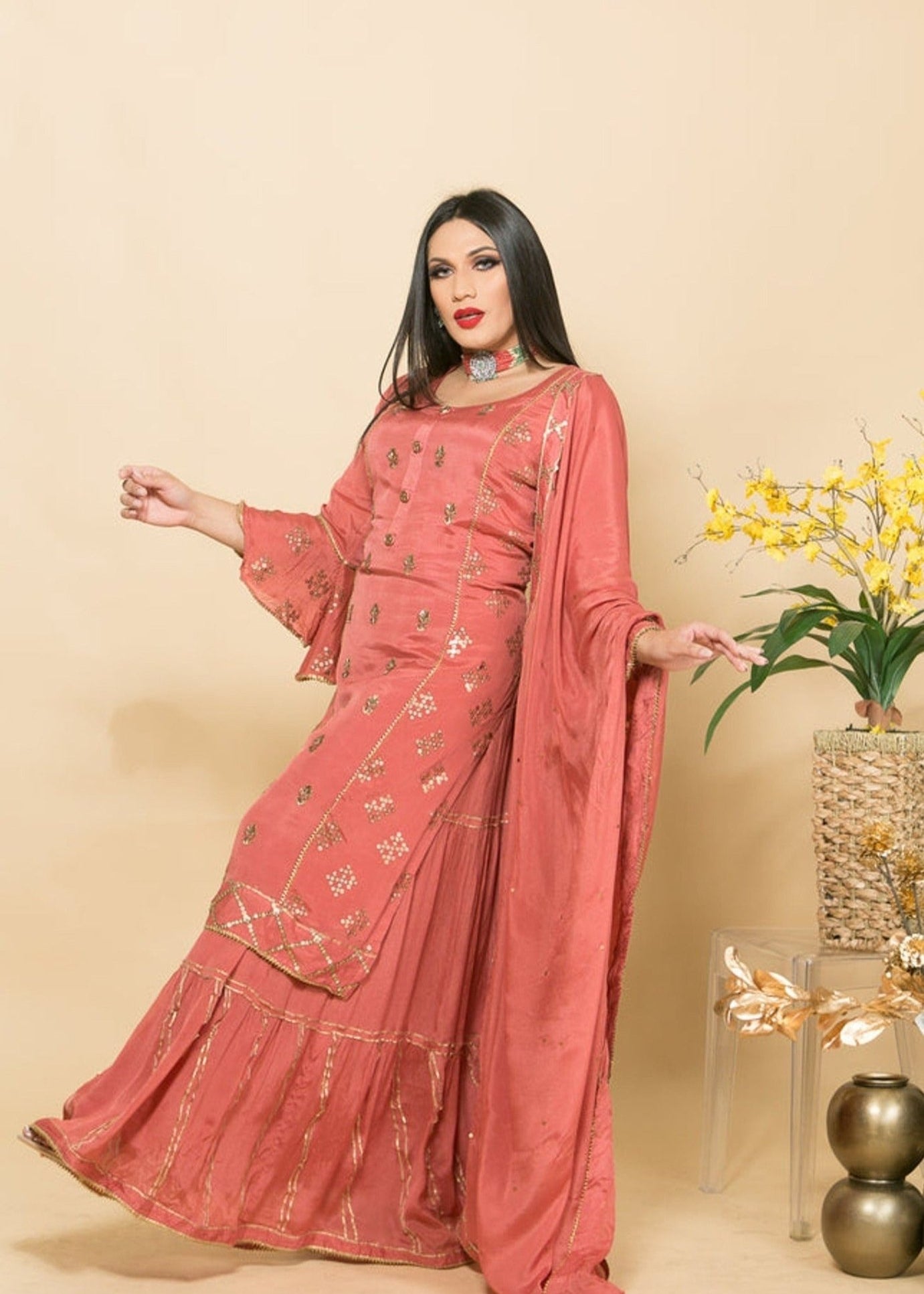 Silk Sharara Set in Peach Color with Embroidery Work - Anvi Couture