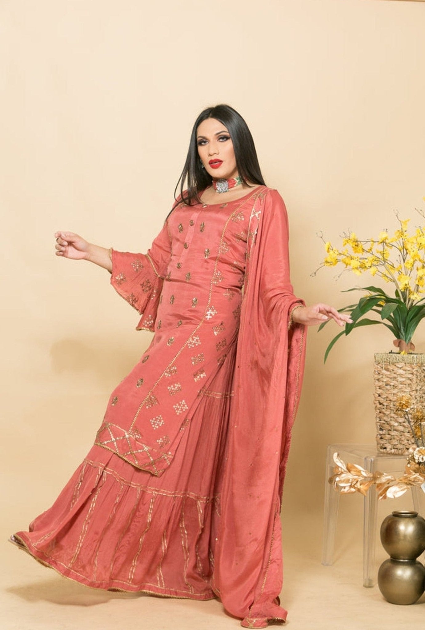 Silk Sharara Set in Peach Color with Embroidery Work - Anvi Couture