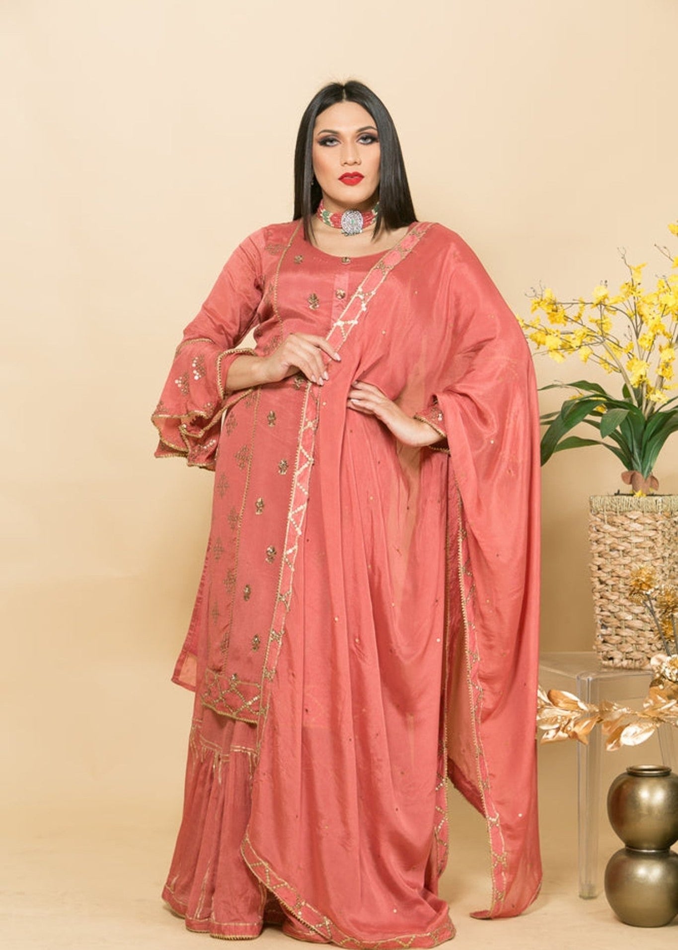 Silk Sharara Set in Peach Color with Embroidery Work - Anvi Couture