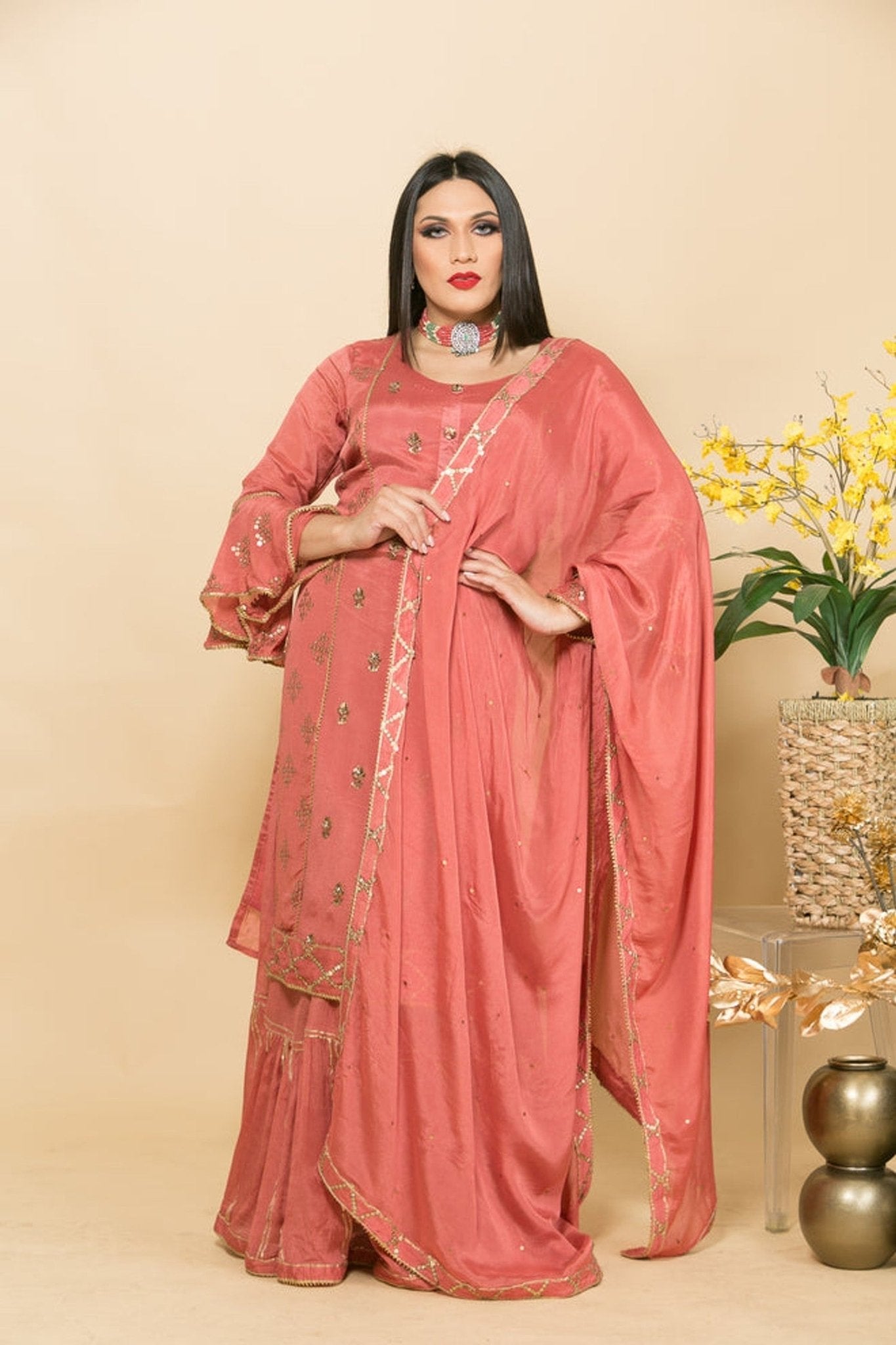 Silk Sharara Set in Peach Color with Embroidery Work - Anvi Couture