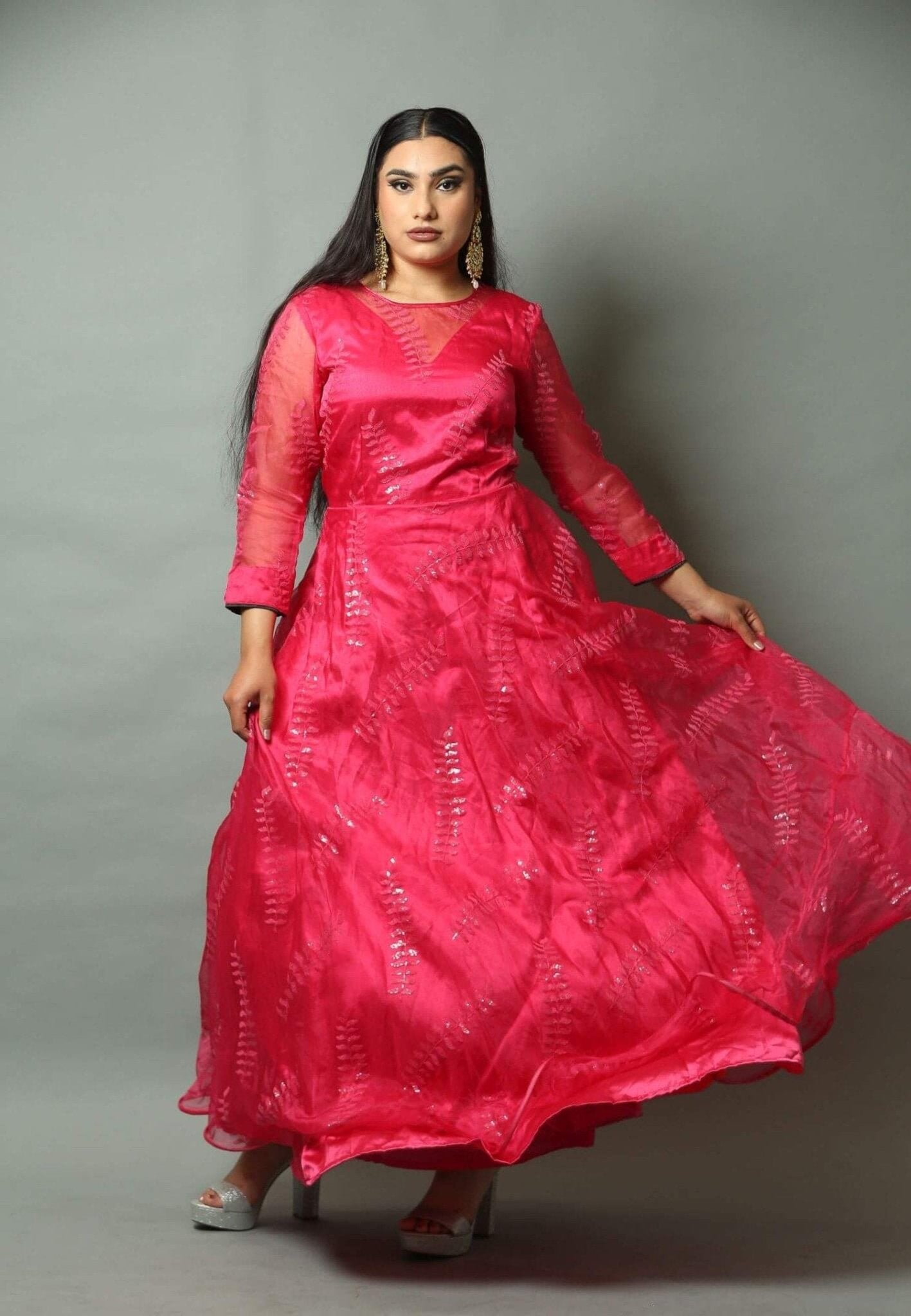 Pink Gown in Organza with Embroidered Work for Woman - Anvi Couture