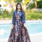 Tealish Blue Printed Georgette Gown with Pastel Blue Cape - Anvi Couture