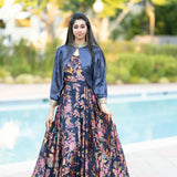 Tealish Blue Printed Georgette Gown with Pastel Blue Cape - Anvi Couture