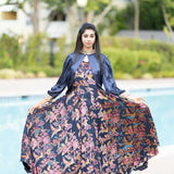 Tealish Blue Printed Georgette Gown with Pastel Blue Cape - Anvi Couture