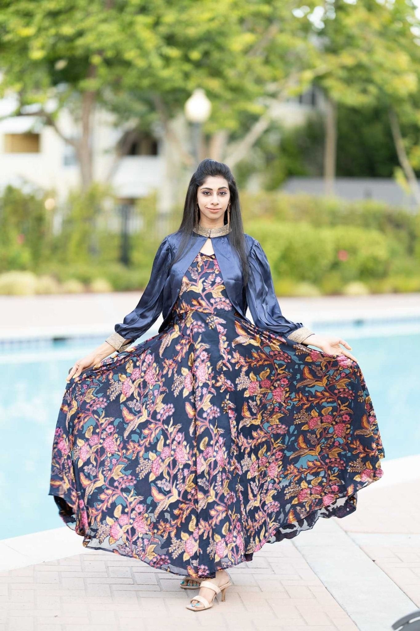 Tealish Blue Printed Georgette Gown with Pastel Blue Cape - Anvi Couture