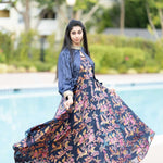 Tealish Blue Printed Georgette Gown with Pastel Blue Cape - Anvi Couture