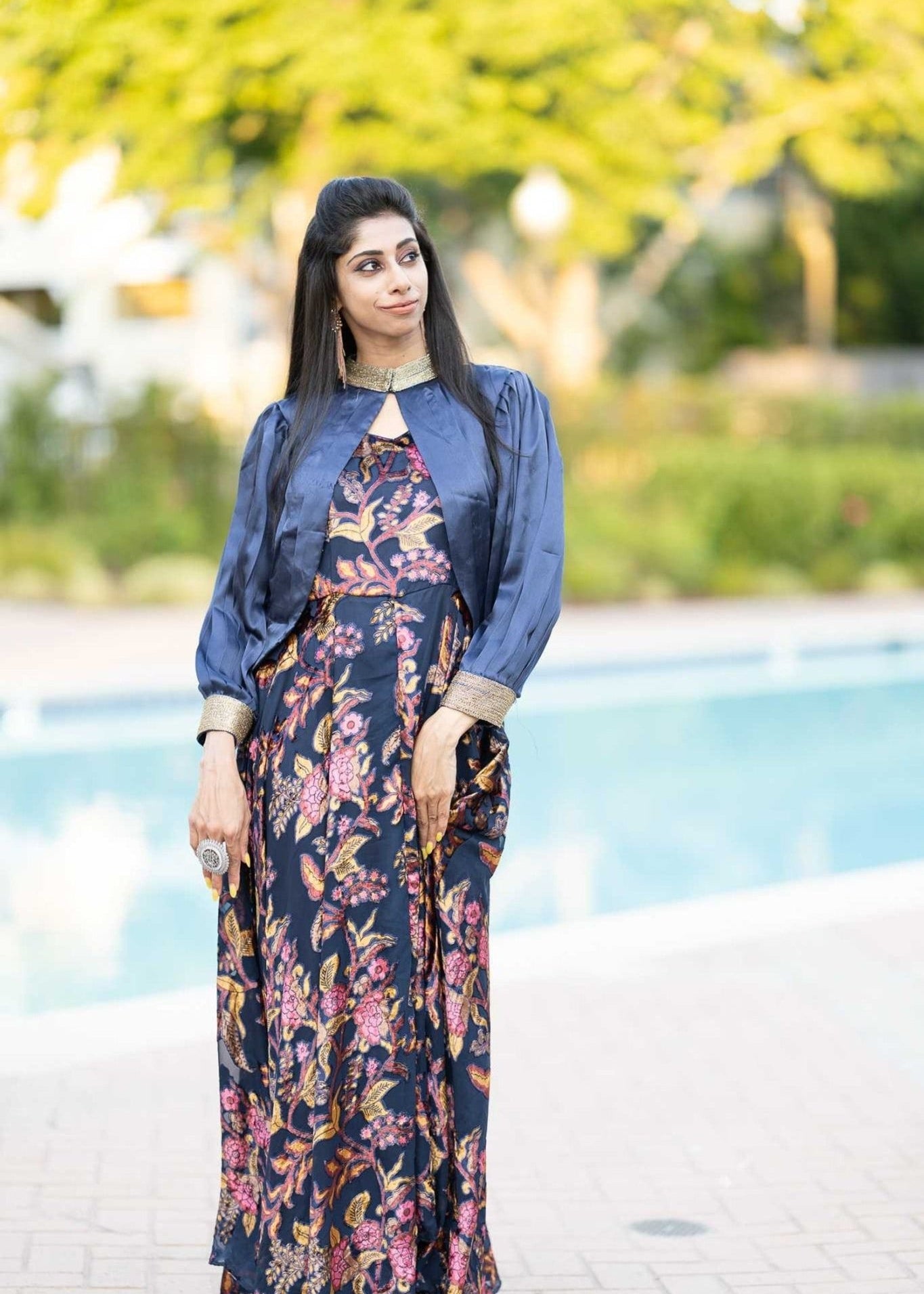 Tealish Blue Printed Georgette Gown with Pastel Blue Cape - Anvi Couture