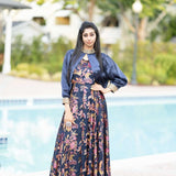 Tealish Blue Printed Georgette Gown with Pastel Blue Cape - Anvi Couture