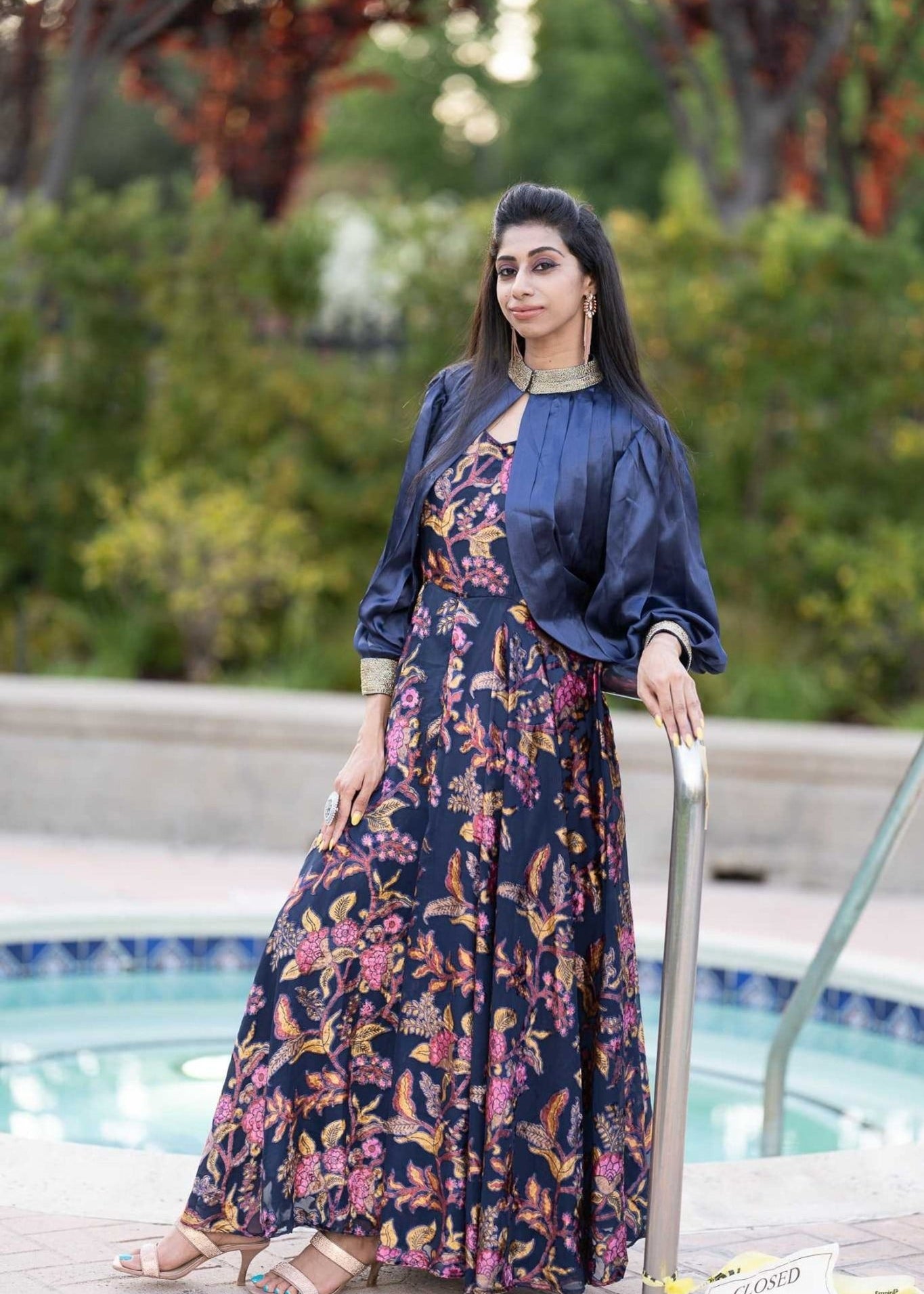 Tealish Blue Printed Georgette Gown with Pastel Blue Cape - Anvi Couture