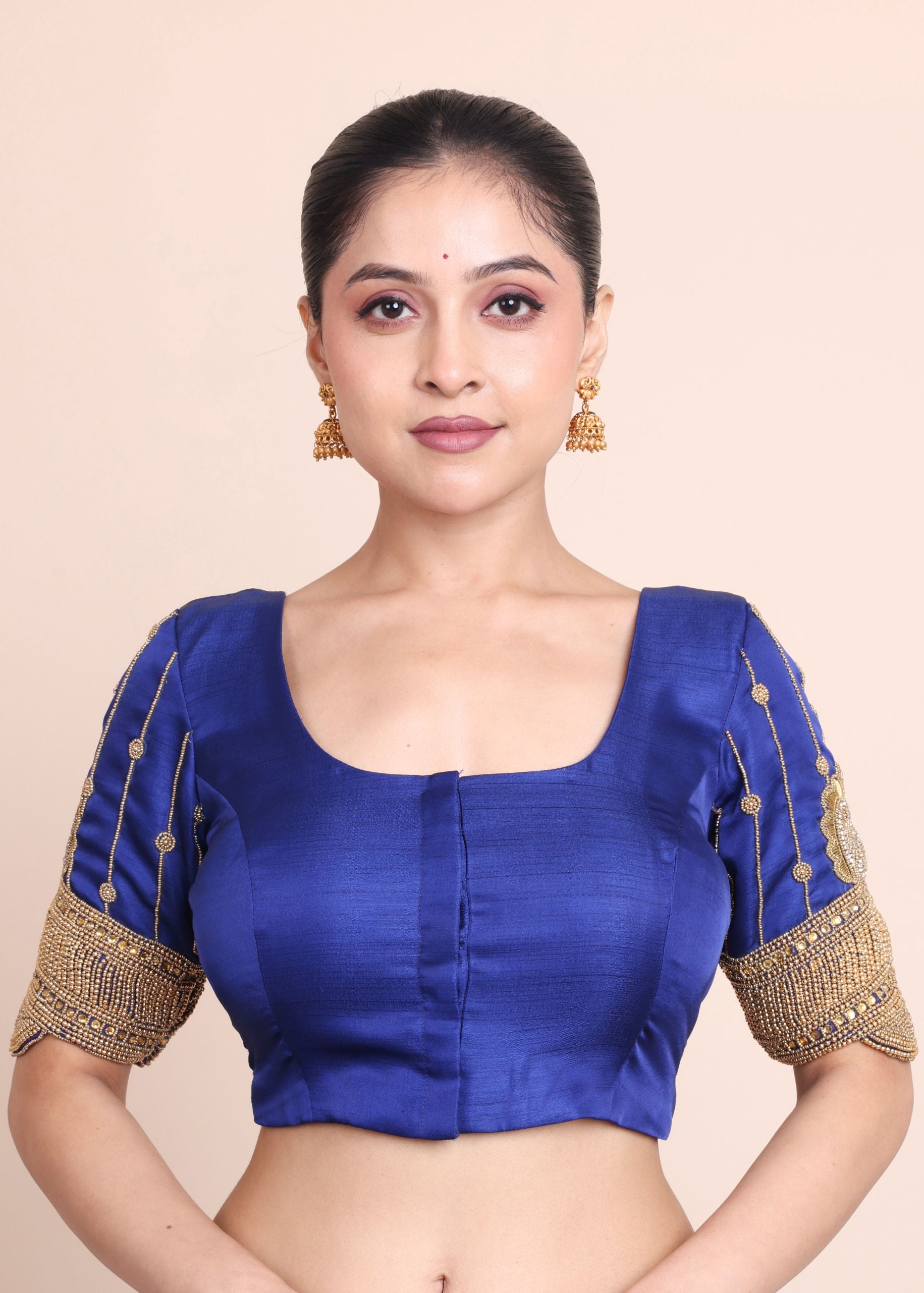 Dark Blue Designer Bridal Blouse with Aari Work Embroidery Front