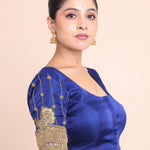 Dark Blue Designer Bridal Blouse with Aari Work Embroidery Side