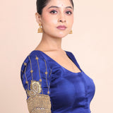 Dark Blue Designer Bridal Blouse with Aari Work Embroidery Side