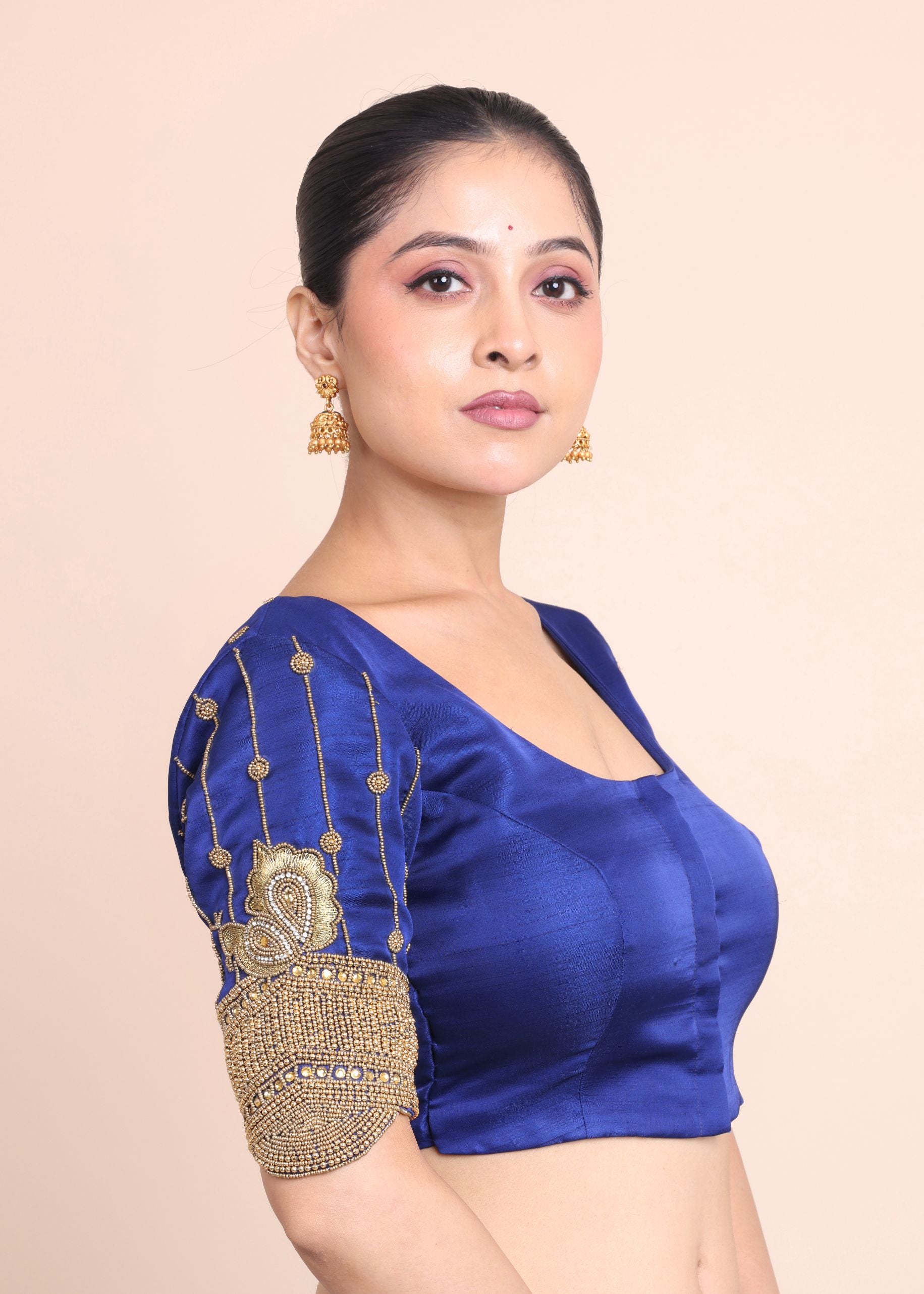 Dark Blue Designer Bridal Blouse with Aari Work Embroidery Side