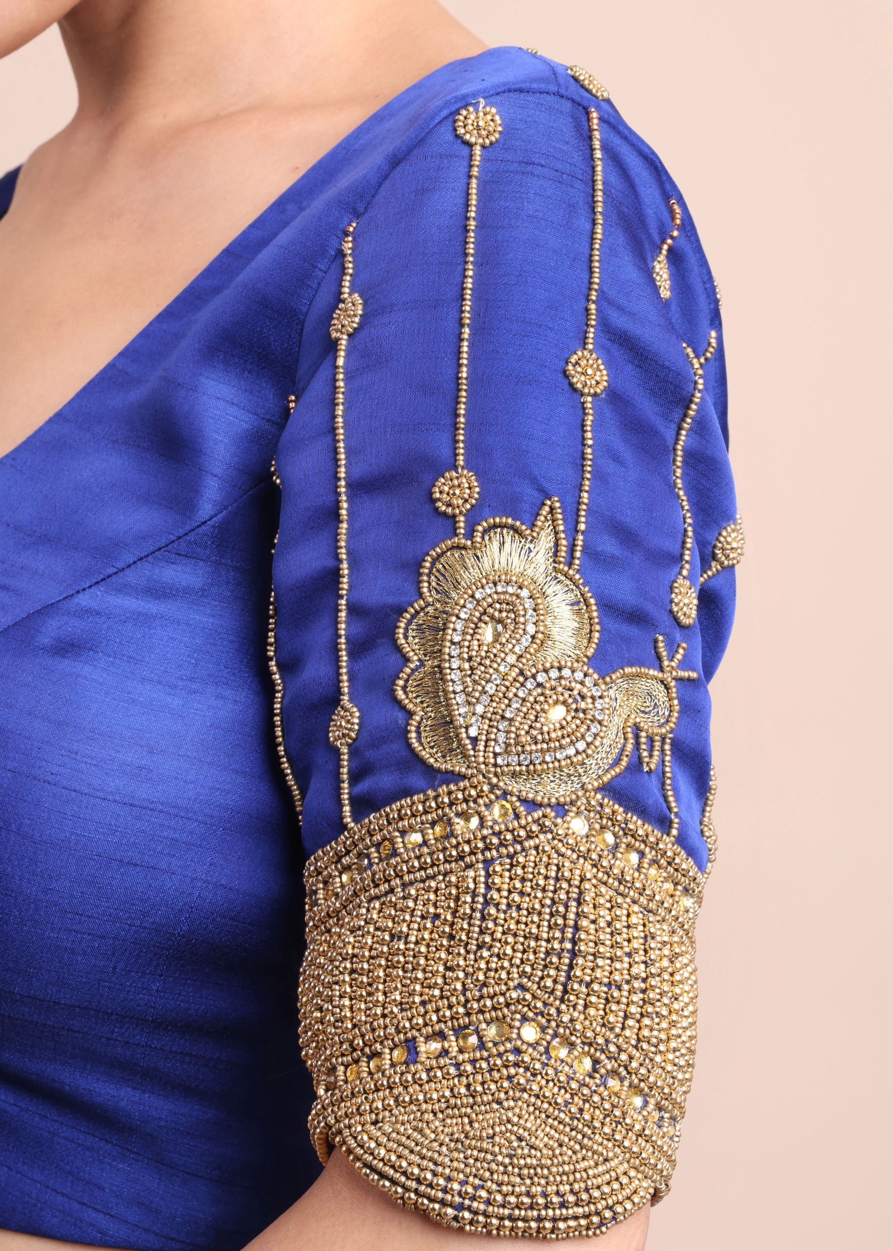 Dark Blue Designer Bridal Blouse with Aari Work Embroidery Close Up