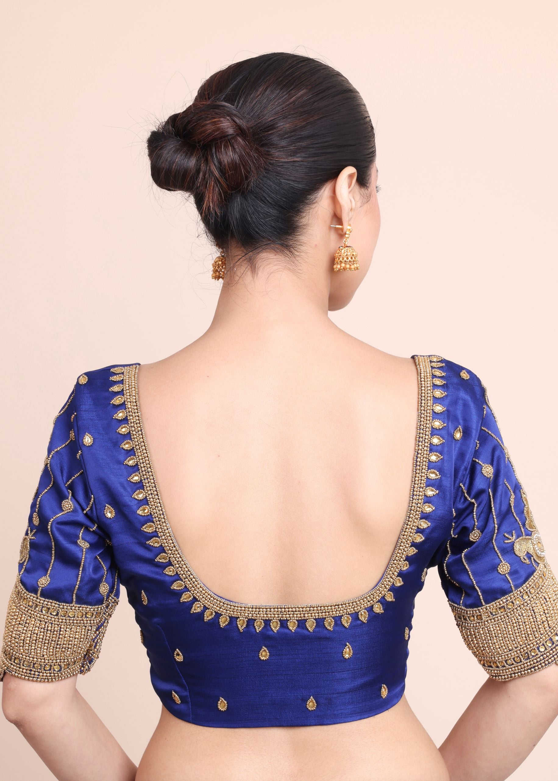 Dark Blue Designer Bridal Blouse with Aari Work Embroidery Back
