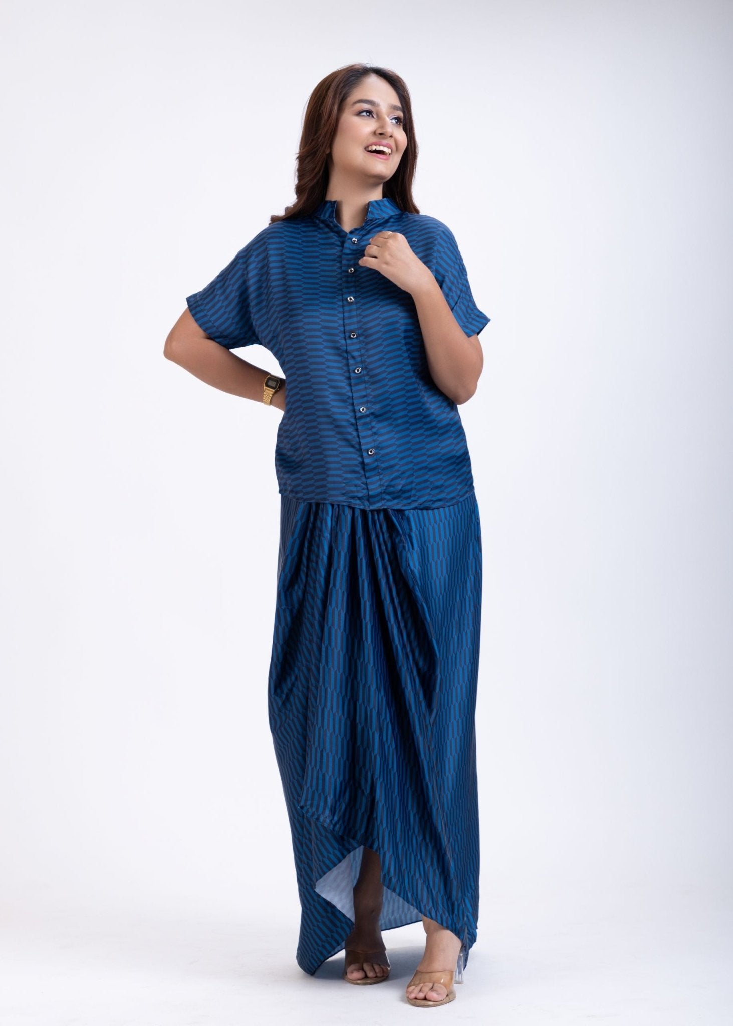 Dark Blue Drape Skirt Set - Anvi Couture