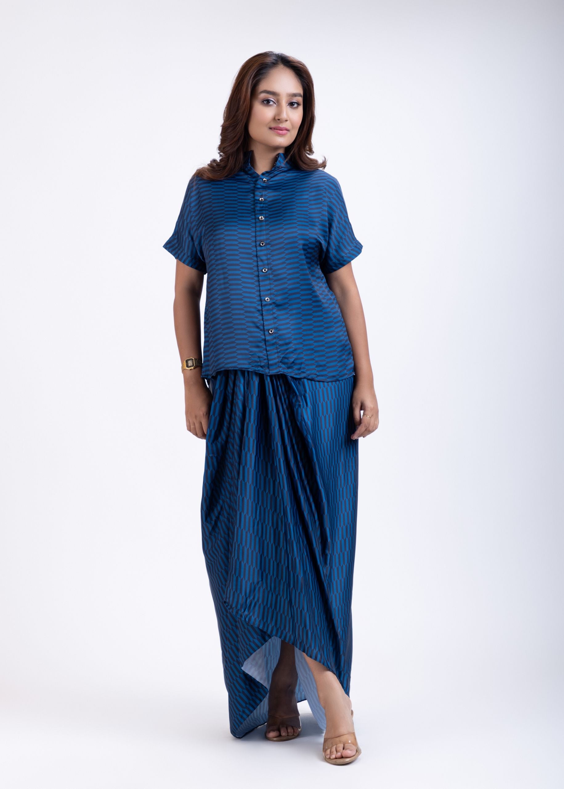 Dark Blue Drape Skirt Set Front

