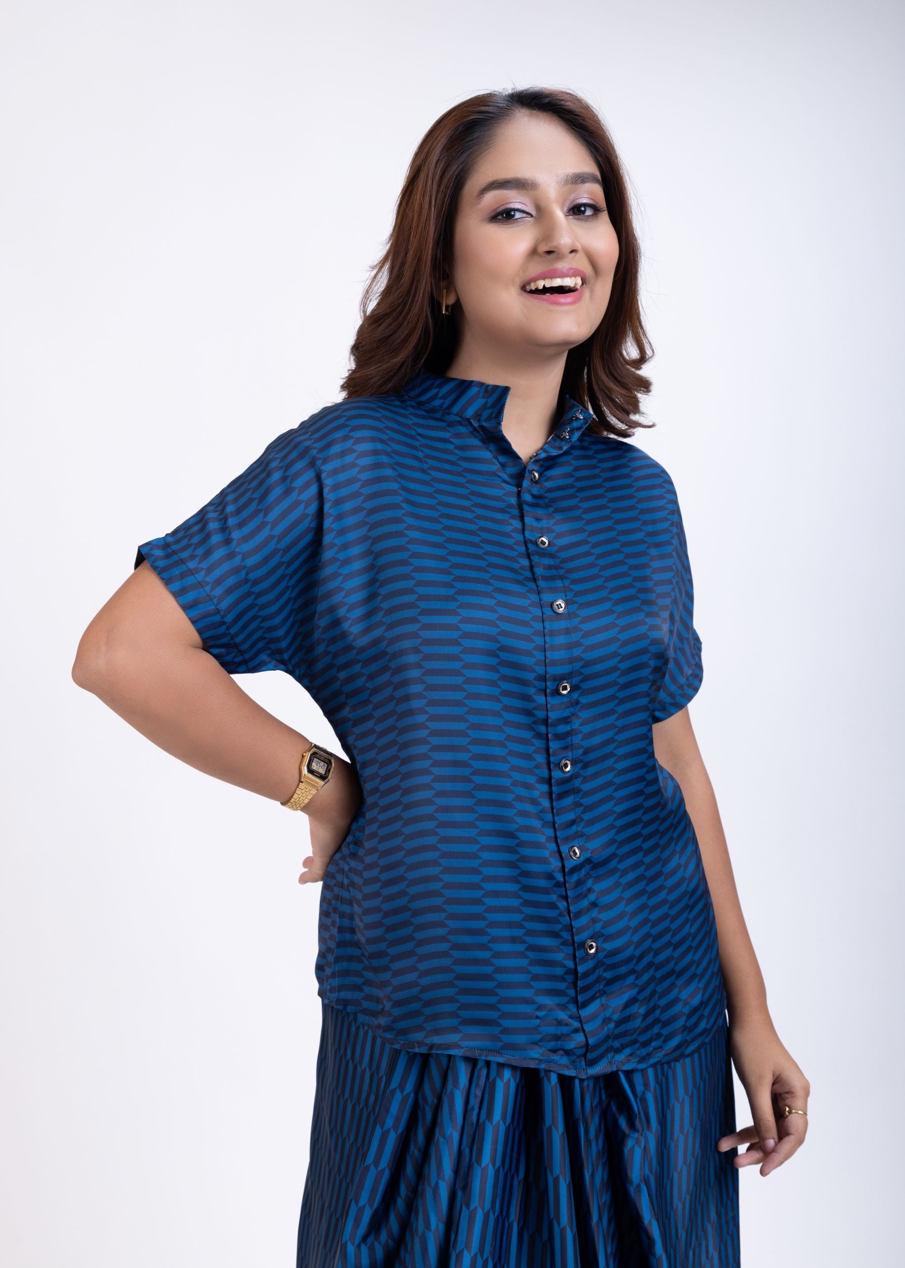 Dark Blue Drape Skirt Set Close Up

