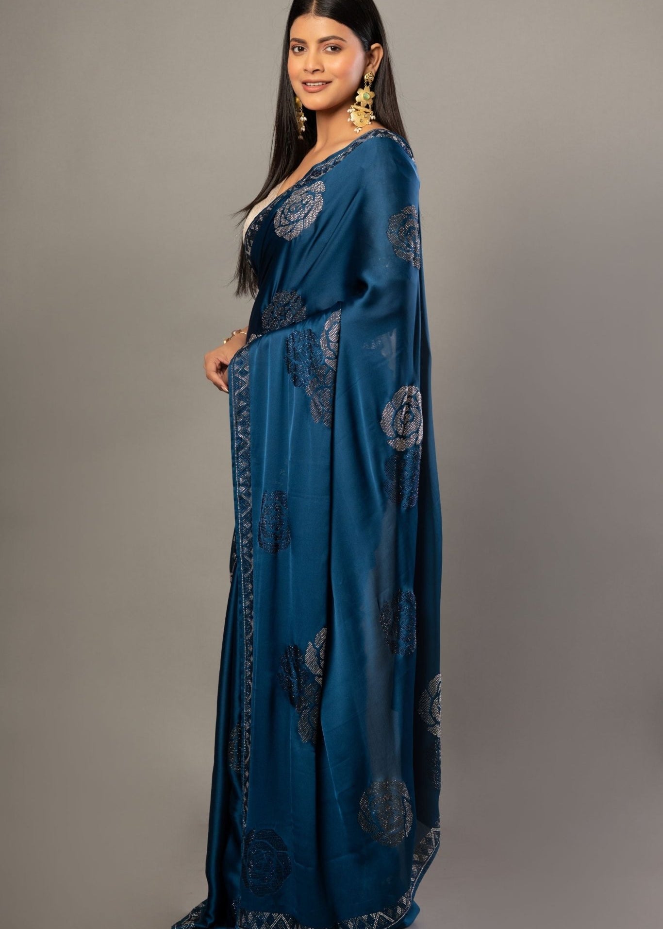 Dark Blue Satin Silk Saree with Sequin Border - Anvi Couture