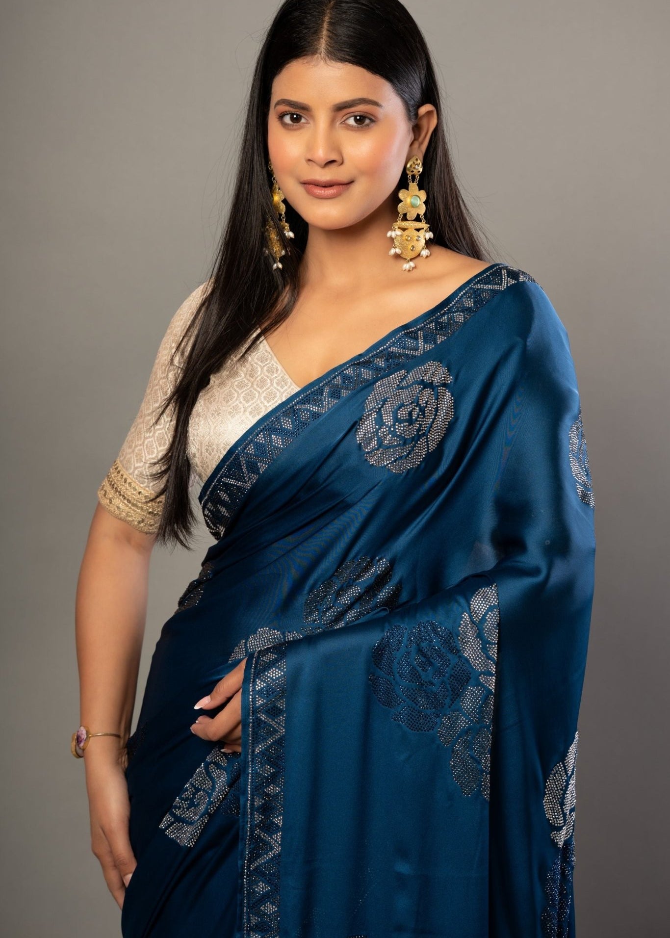Dark Blue Satin Silk Saree with Sequin Border - Anvi Couture