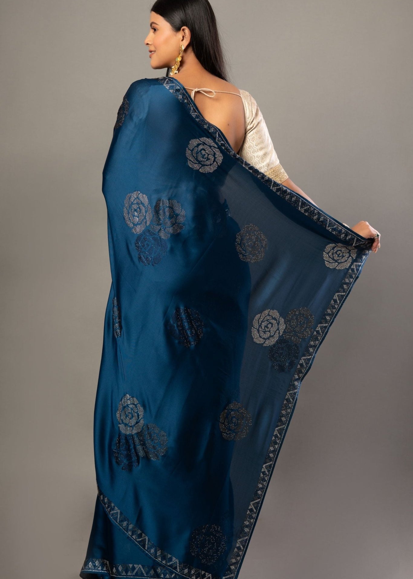 Dark Blue Satin Silk Saree with Sequin Border - Anvi Couture