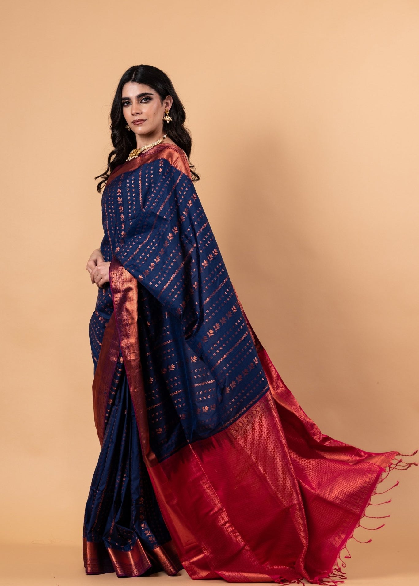 Dark Blue  Saree with Copper Zari Woven - Anvi Couture