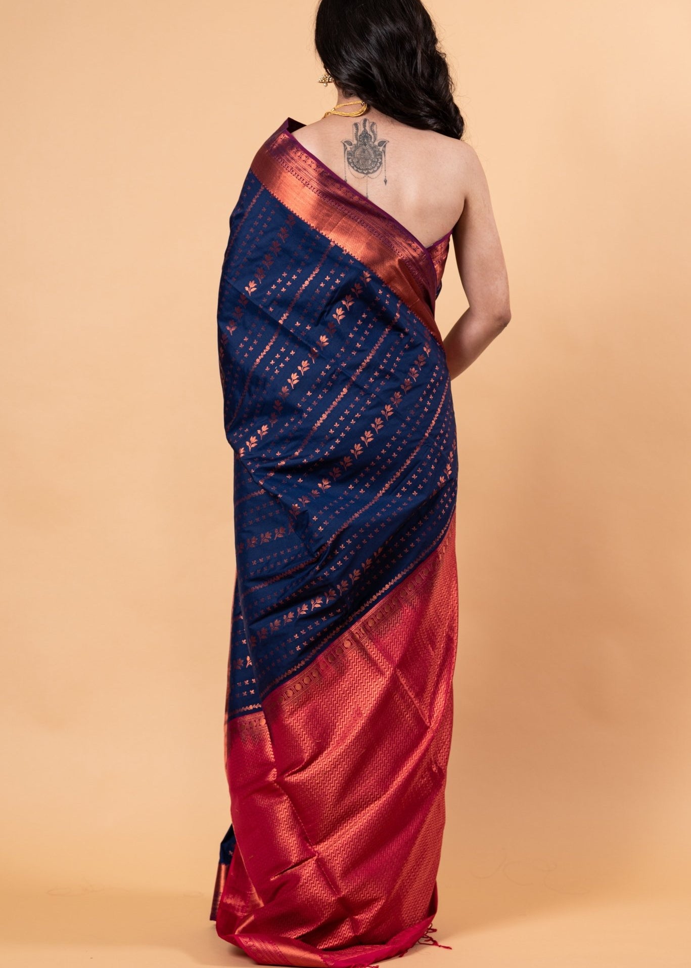 Dark Blue Silk Saree with Copper Zari Woven - Anvi Couture