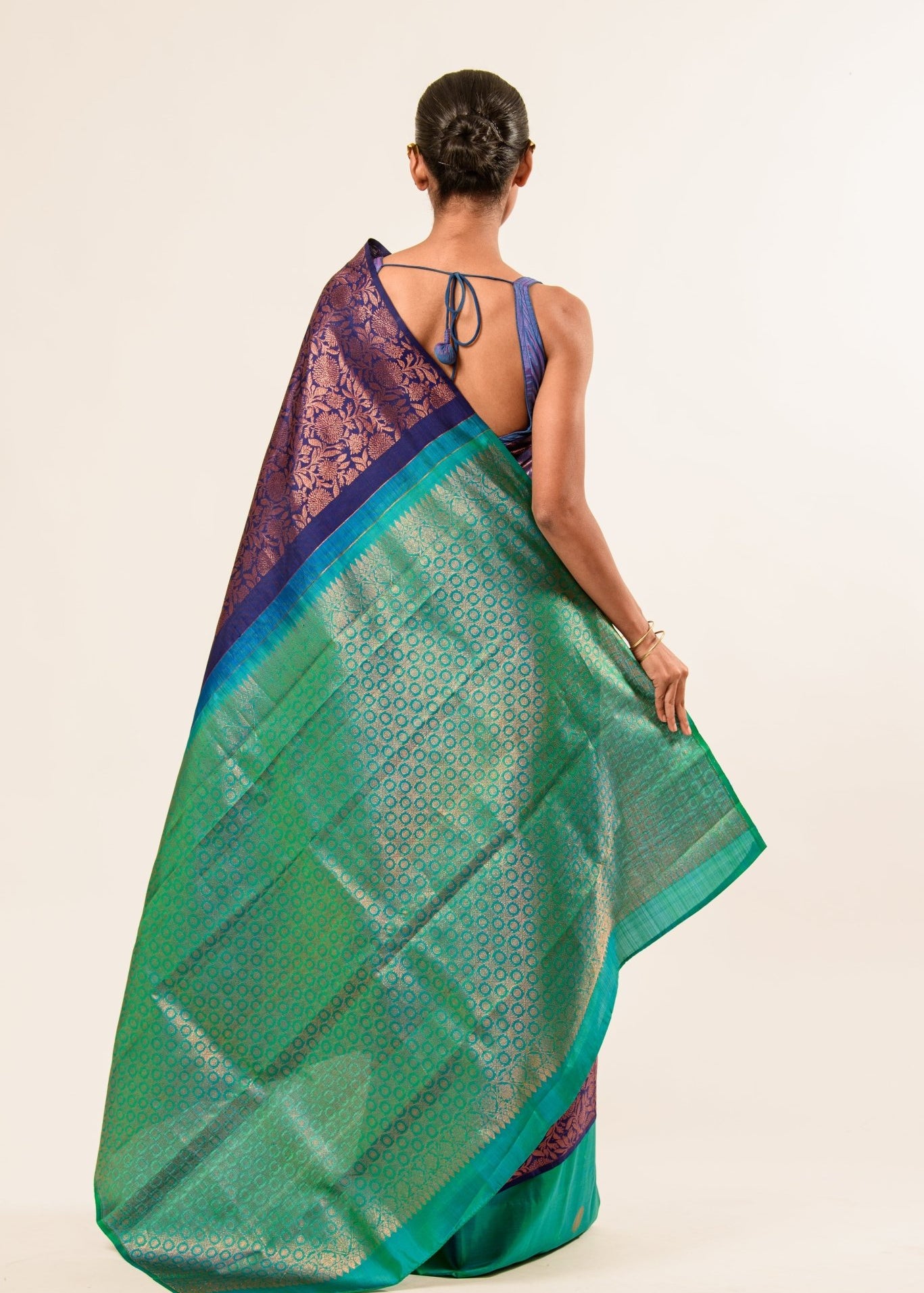 Dark Blue and Green Pure Kanjivaram Silk Saree -Anvi Couture