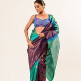 Dark Blue and Green Pure Kanjivaram Silk Saree -Anvi Couture