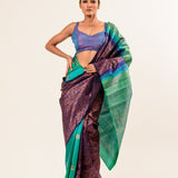 Dark Blue and Green Pure Kanjivaram Silk Saree -Anvi Couture