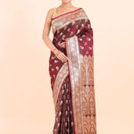 Dark Brown Bridal Banarasi Saree with Golden Floral Booties full