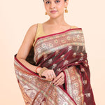 Dark Brown Bridal Banarasi Saree with Golden Floral Booties close up