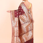 Dark Brown Bridal Banarasi Saree with Golden Floral Booties back