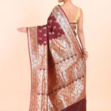 Dark Brown Bridal Banarasi Saree with Golden Floral Booties back