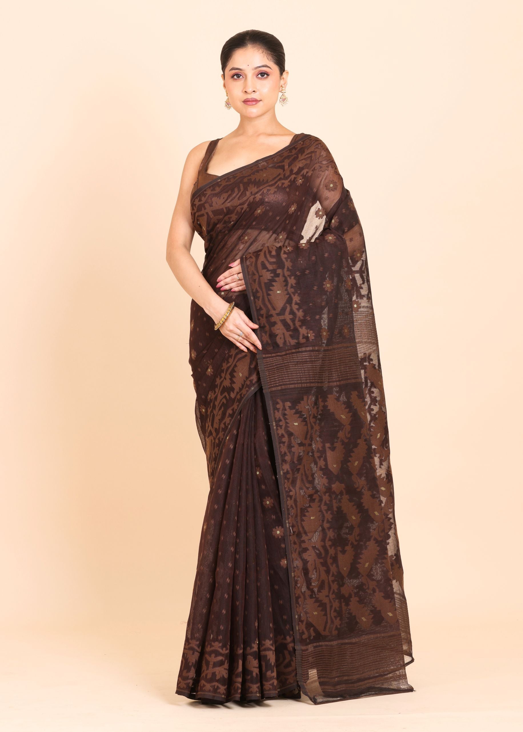 Dark Brown Pure Bangladeshi Dhakai Jamdani Saree Full