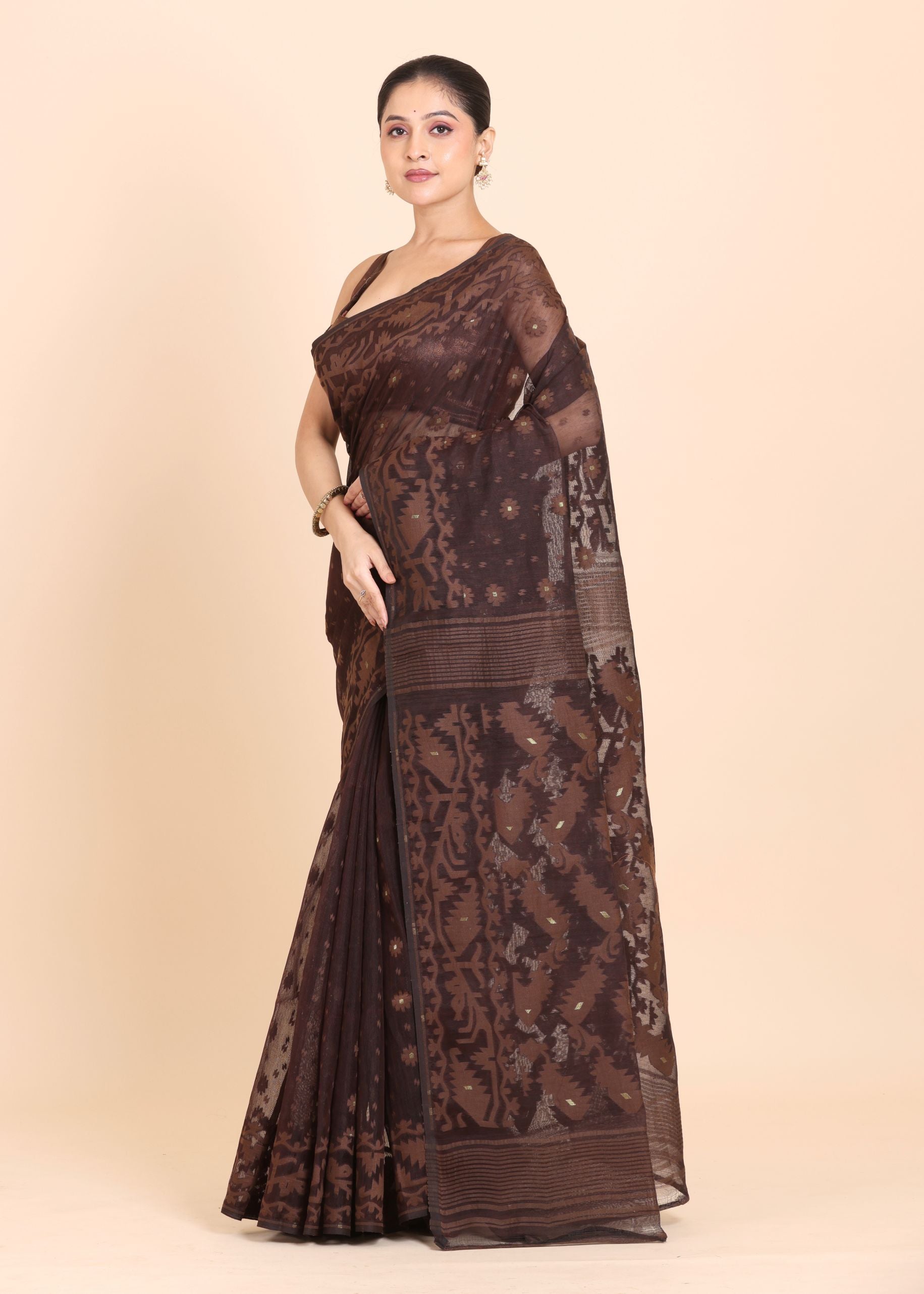 Dark Brown Pure Bangladeshi Dhakai Jamdani Saree Front