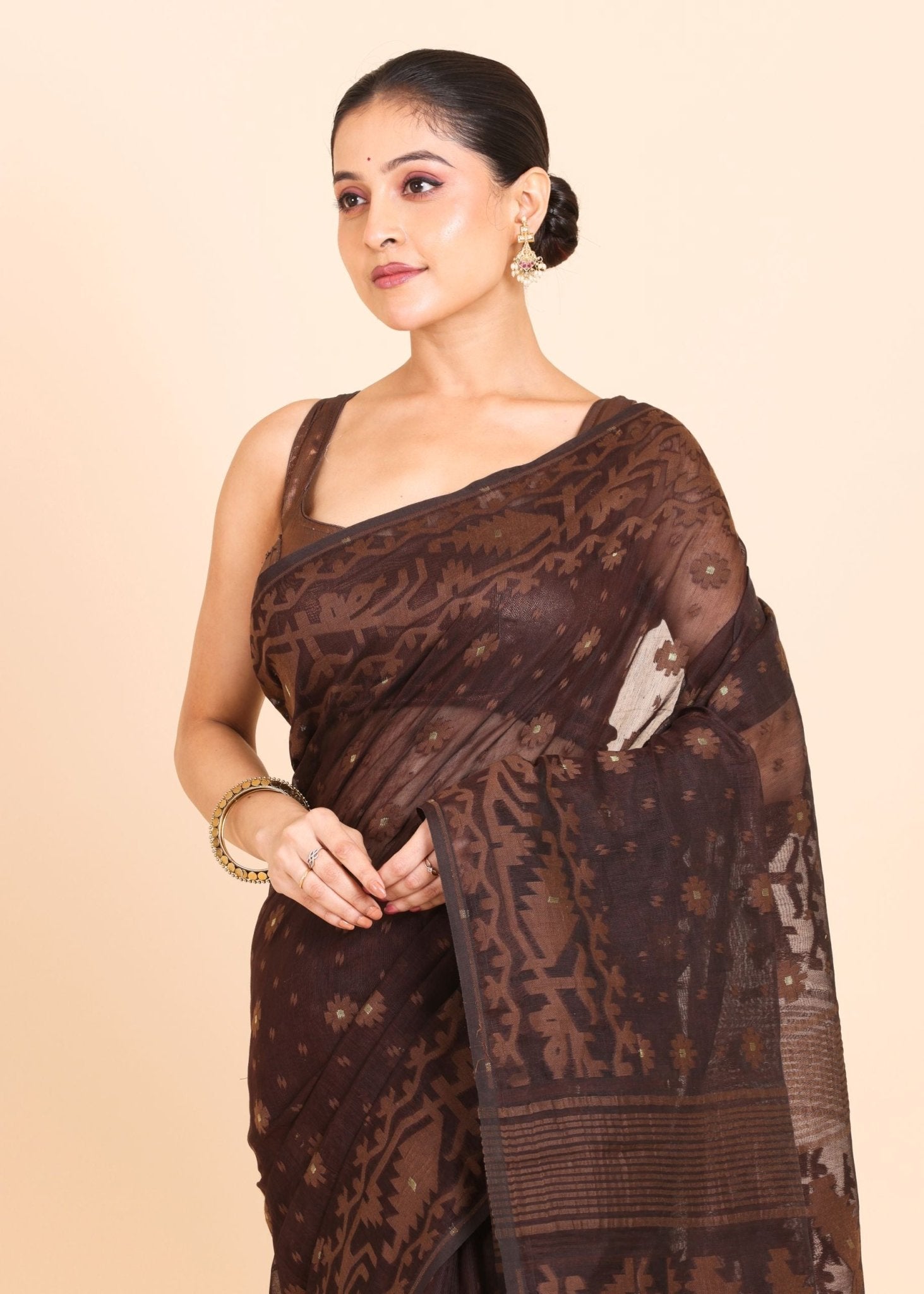 Dark Brown Pure Bangladeshi Dhakai Jamdani Saree - Anvi Couture