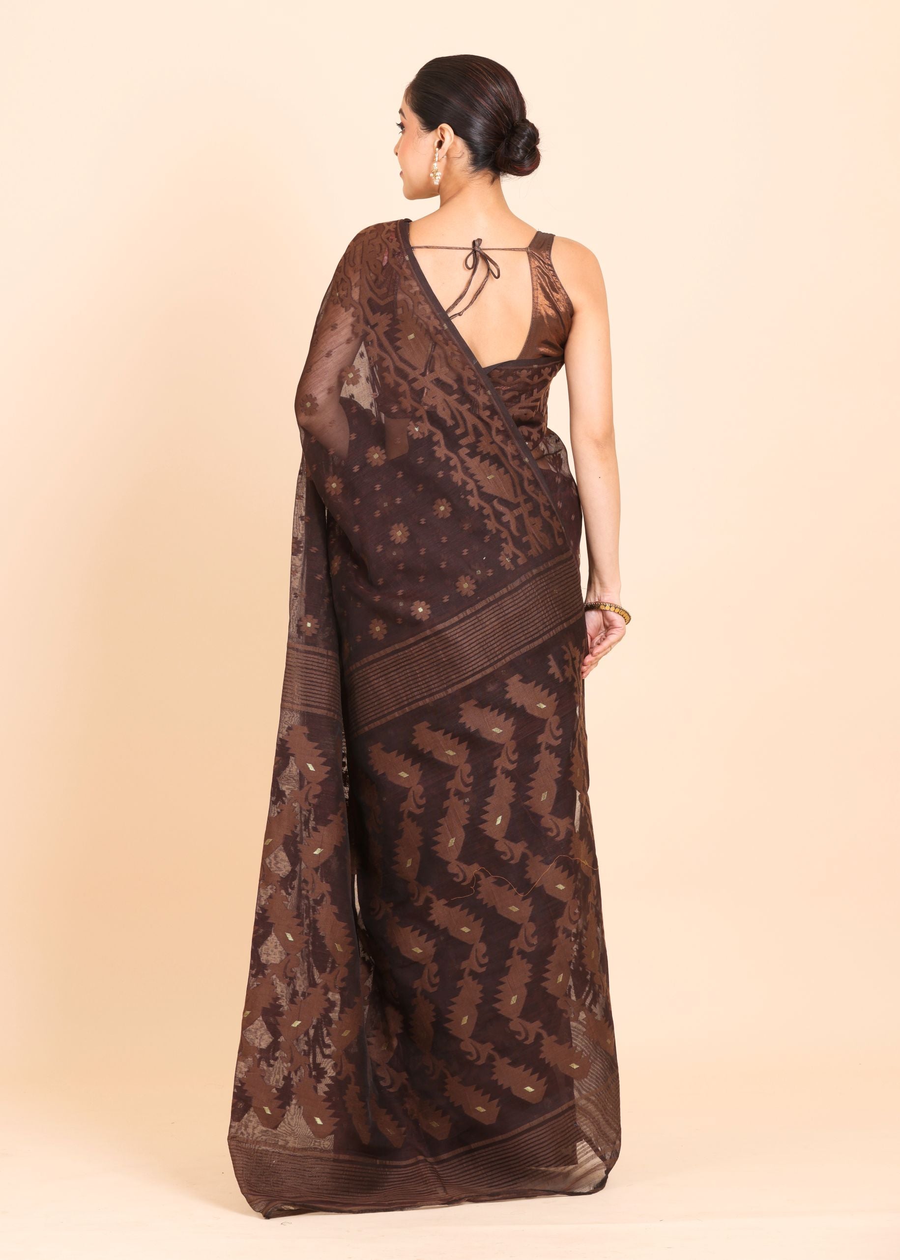 Dark Brown Pure Bangladeshi Dhakai Jamdani Saree Back
