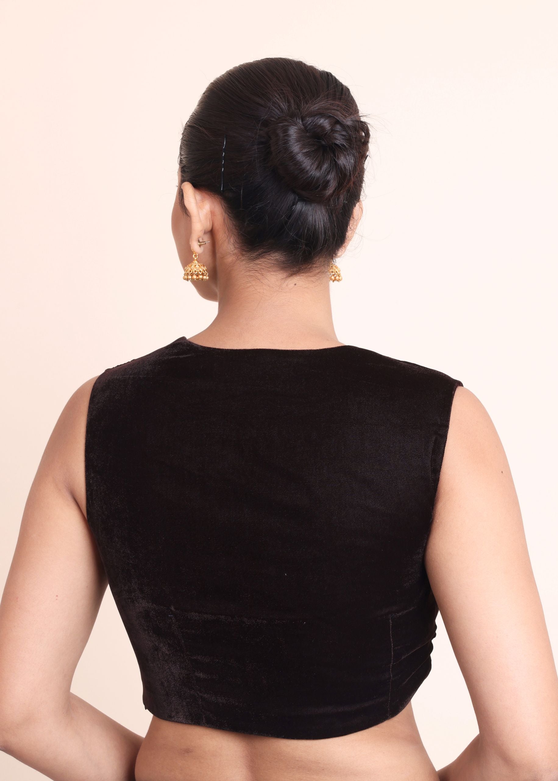 Dark Brown Velvet Sleeveless Queen Anne Neckline Blouse Back