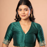 Dark Green Bridal Blouse With Embroidered Work - Anvi Couture - Front 1