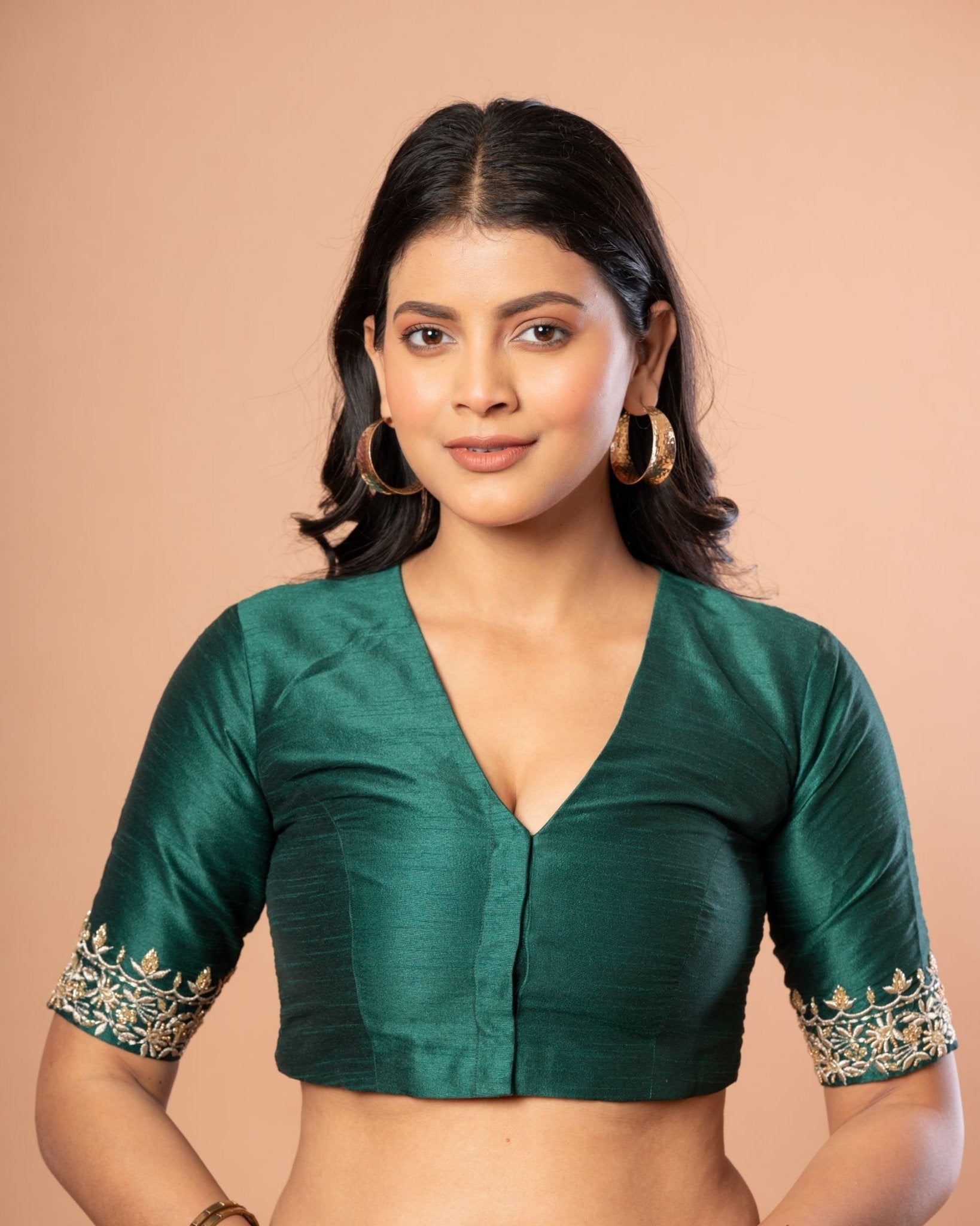 Dark Green Bridal Blouse With Embroidered Work - Anvi Couture - Front 1