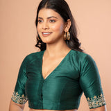 Dark Green Bridal Blouse With Embroidered Work - Anvi Couture - Front 2