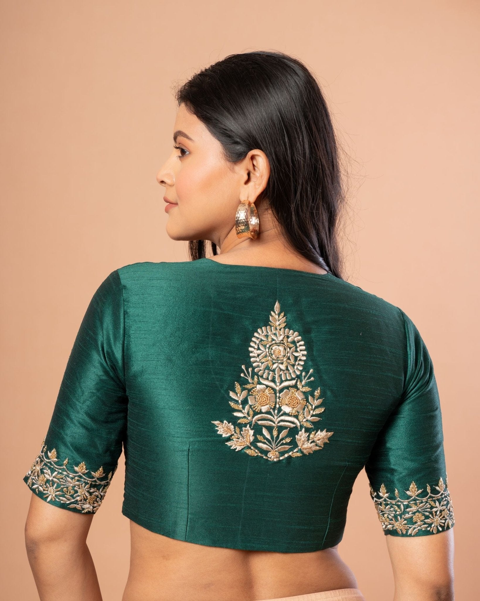 Dark Green Bridal Blouse With Embroidered Work - Anvi Couture - Back
